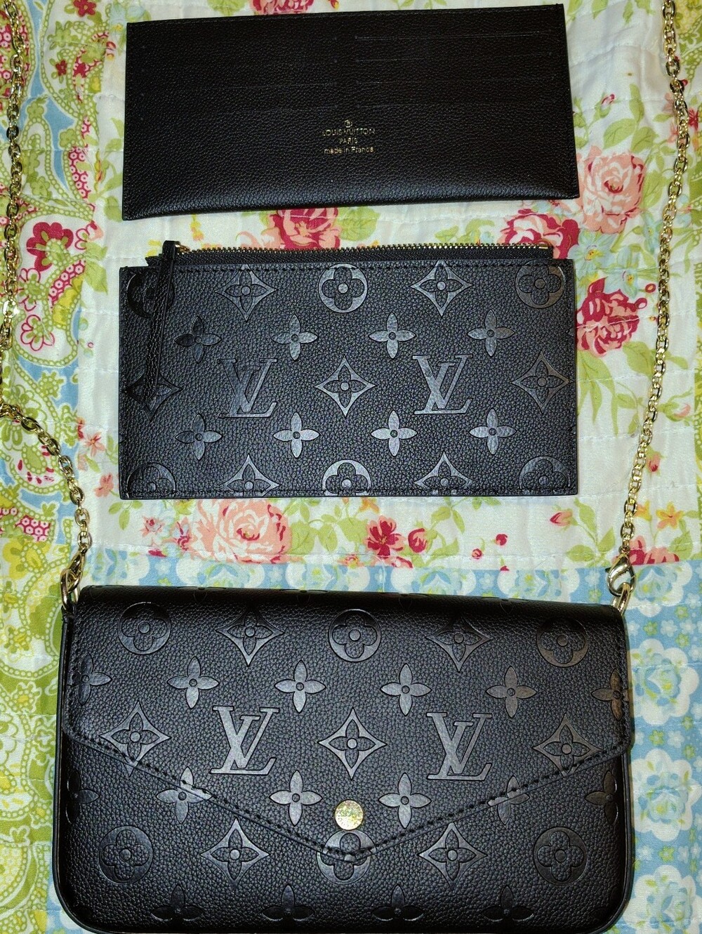 Louis Vuitton Black Embossed Monogram Chain Wallet & Pouch Set - Picture 2 of 9